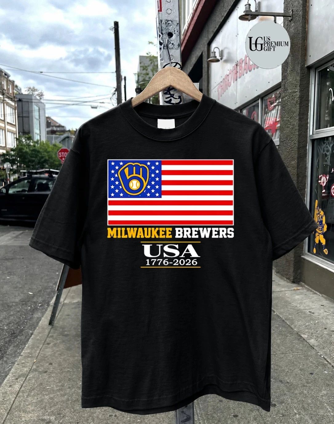 Milwaukee Brewers USA 1776-2026 American flag logo shirt