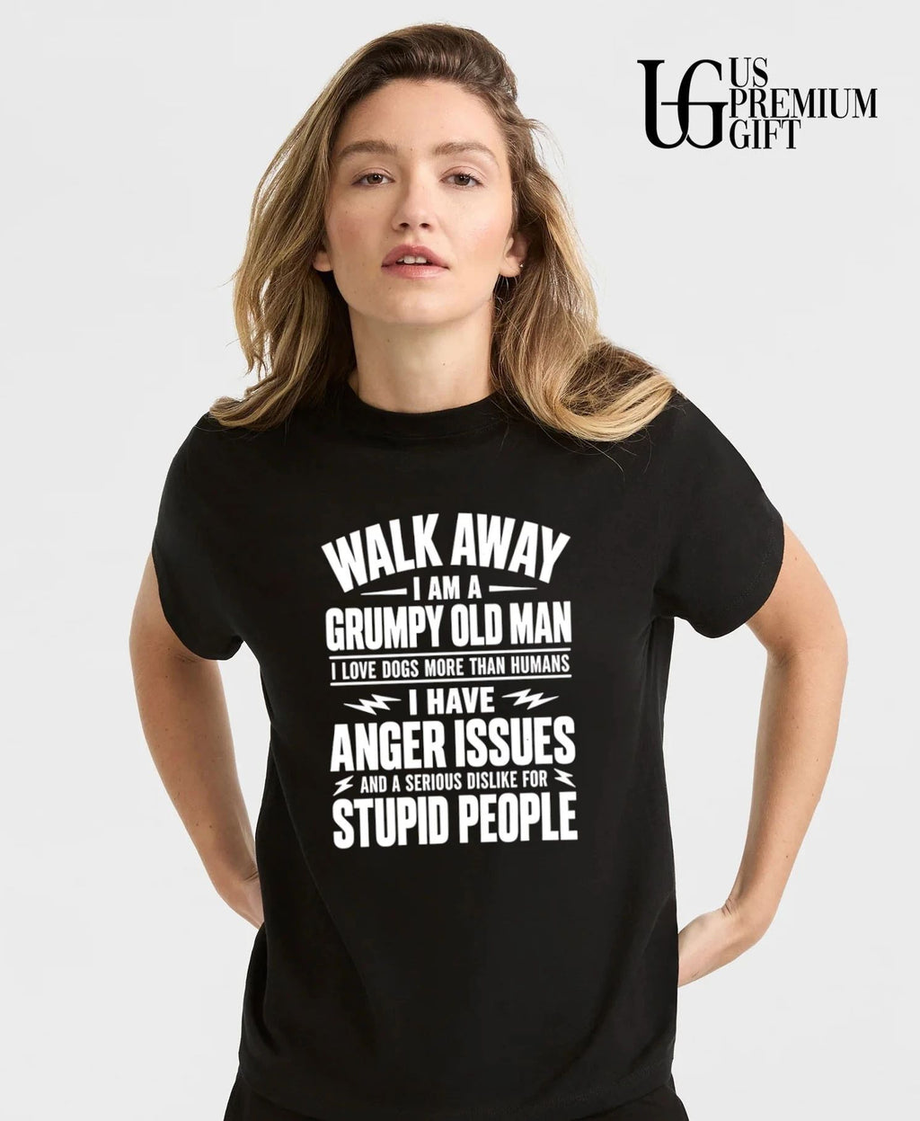 Walk away I am a grumpy old man love dogs anger issues stupid people white typography lightning accents shirt