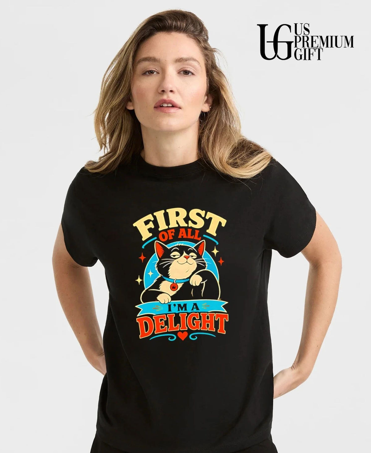 Cat first of all i’m a delight distressed shirt