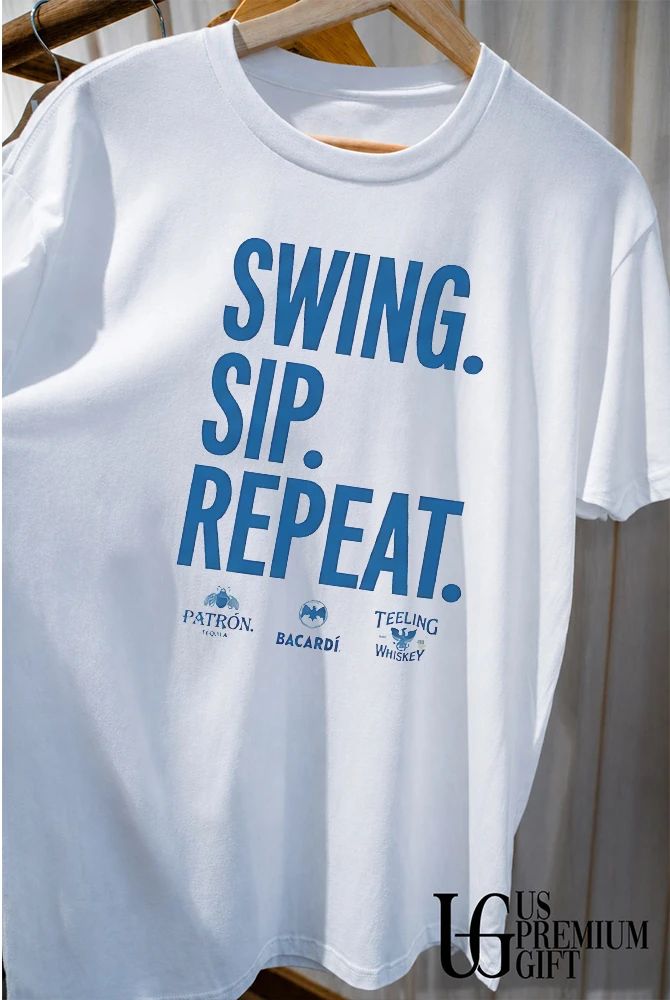 Swing Sip Repeat Patrón Tequila Bacardi and Teeling Whiskey logo shirt