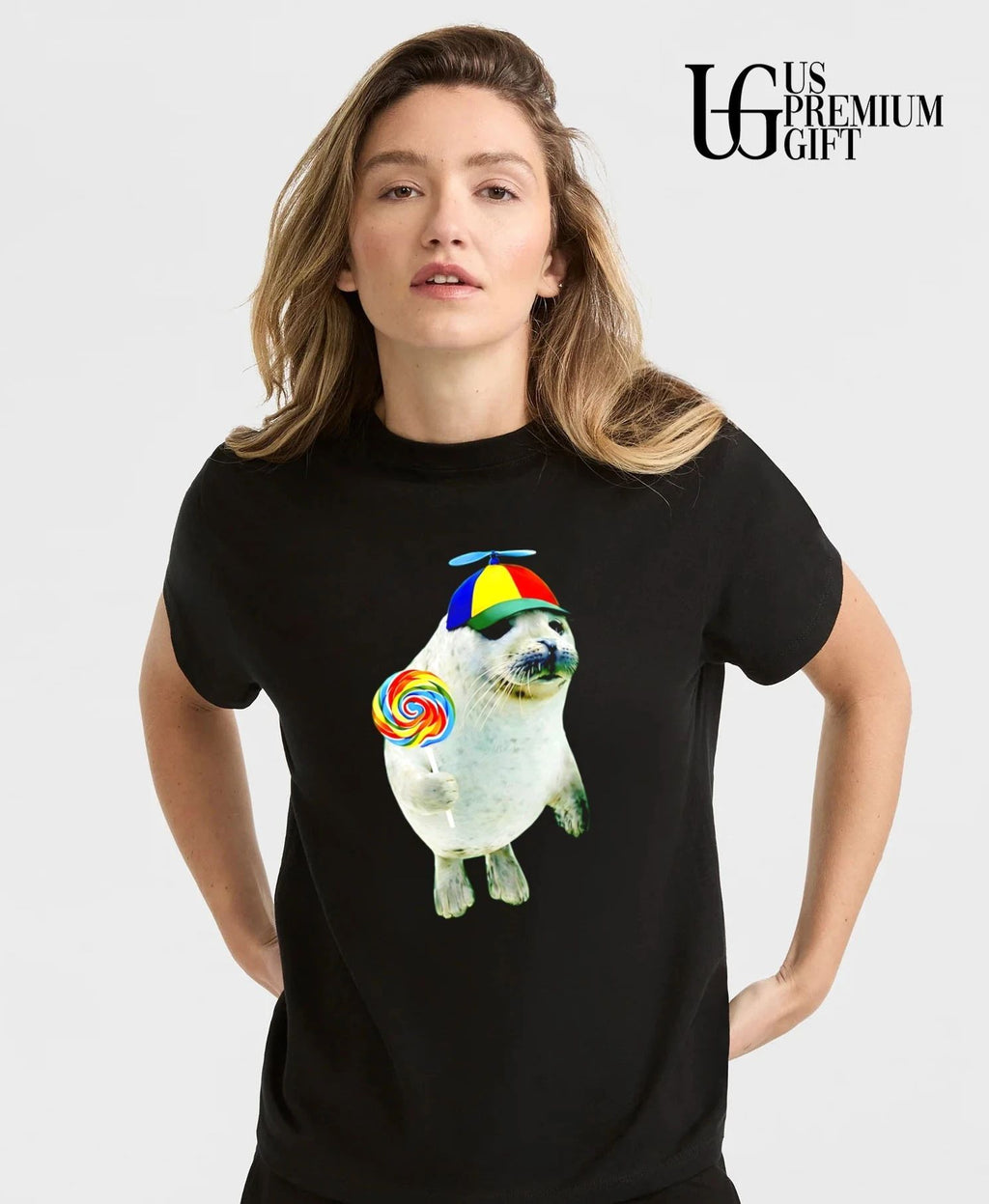 Cute Baby Seal with a Rainbow Lollipop and a Propeller Beanie shirt
