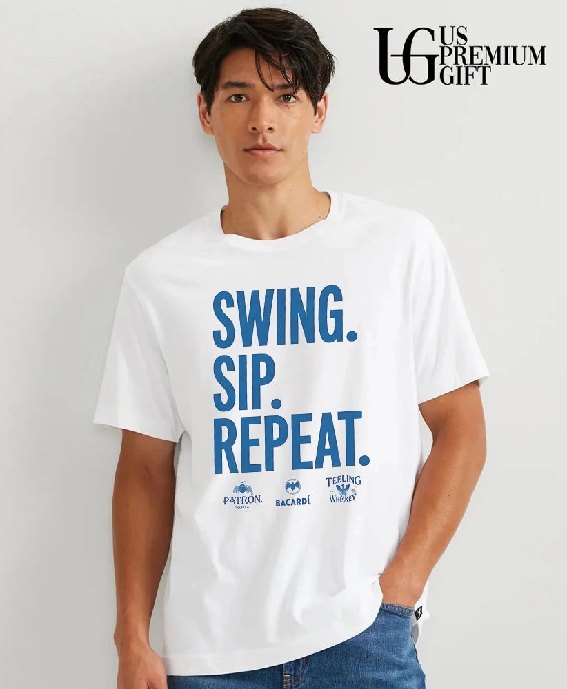Swing Sip Repeat Patrón Tequila Bacardi and Teeling Whiskey logo shirt