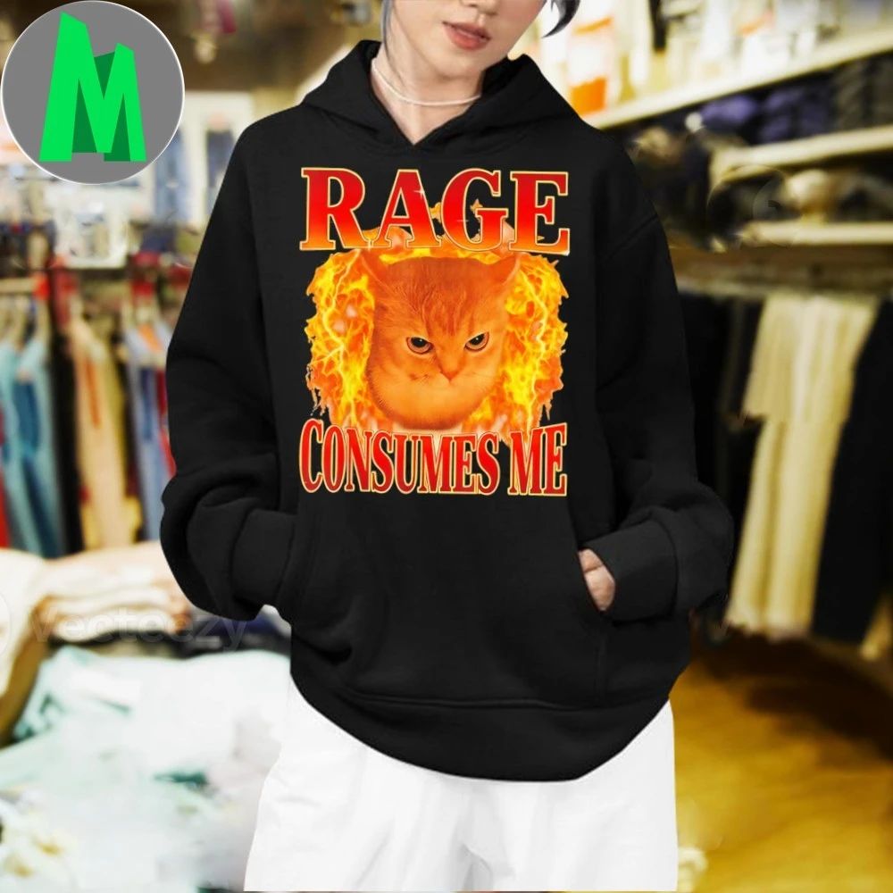 Rage Consumes Me Funny Angry Cat Meme Fire 2025 T-Shirt