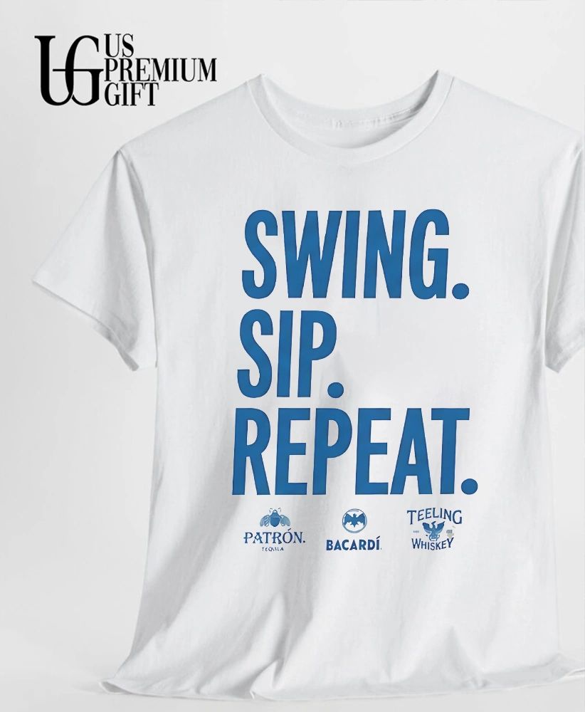 Swing Sip Repeat Patrón Tequila Bacardi and Teeling Whiskey logo shirt