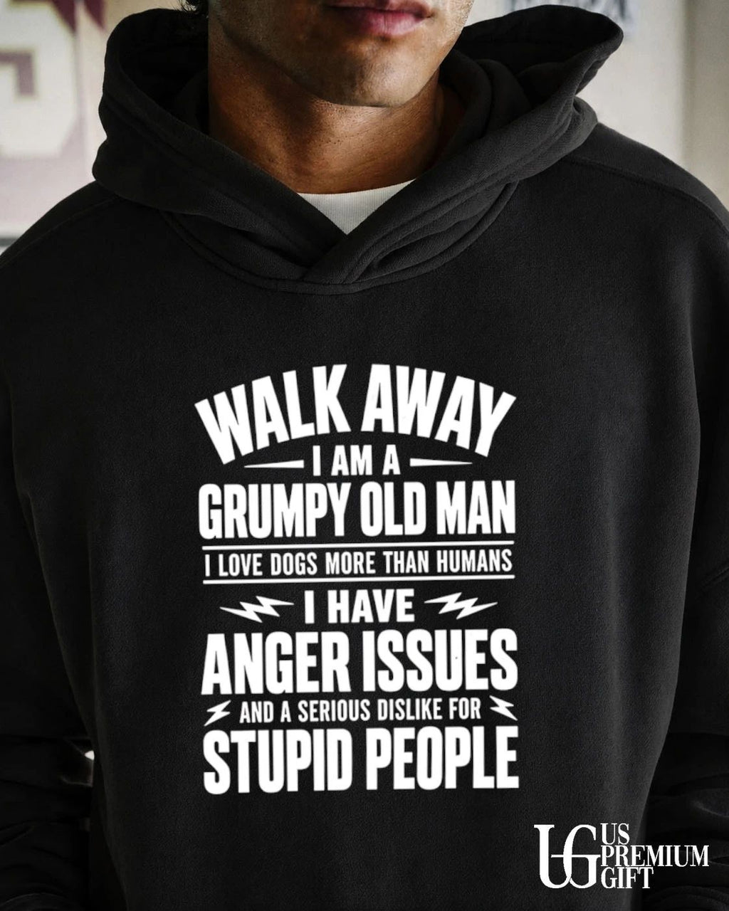 Walk away I am a grumpy old man love dogs anger issues stupid people white typography lightning accents shirt