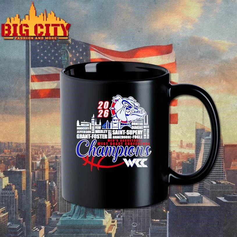 Gonzaga Bulldogs 2026 WCC Men’s Basketball Champions player names city skyline Shirt
