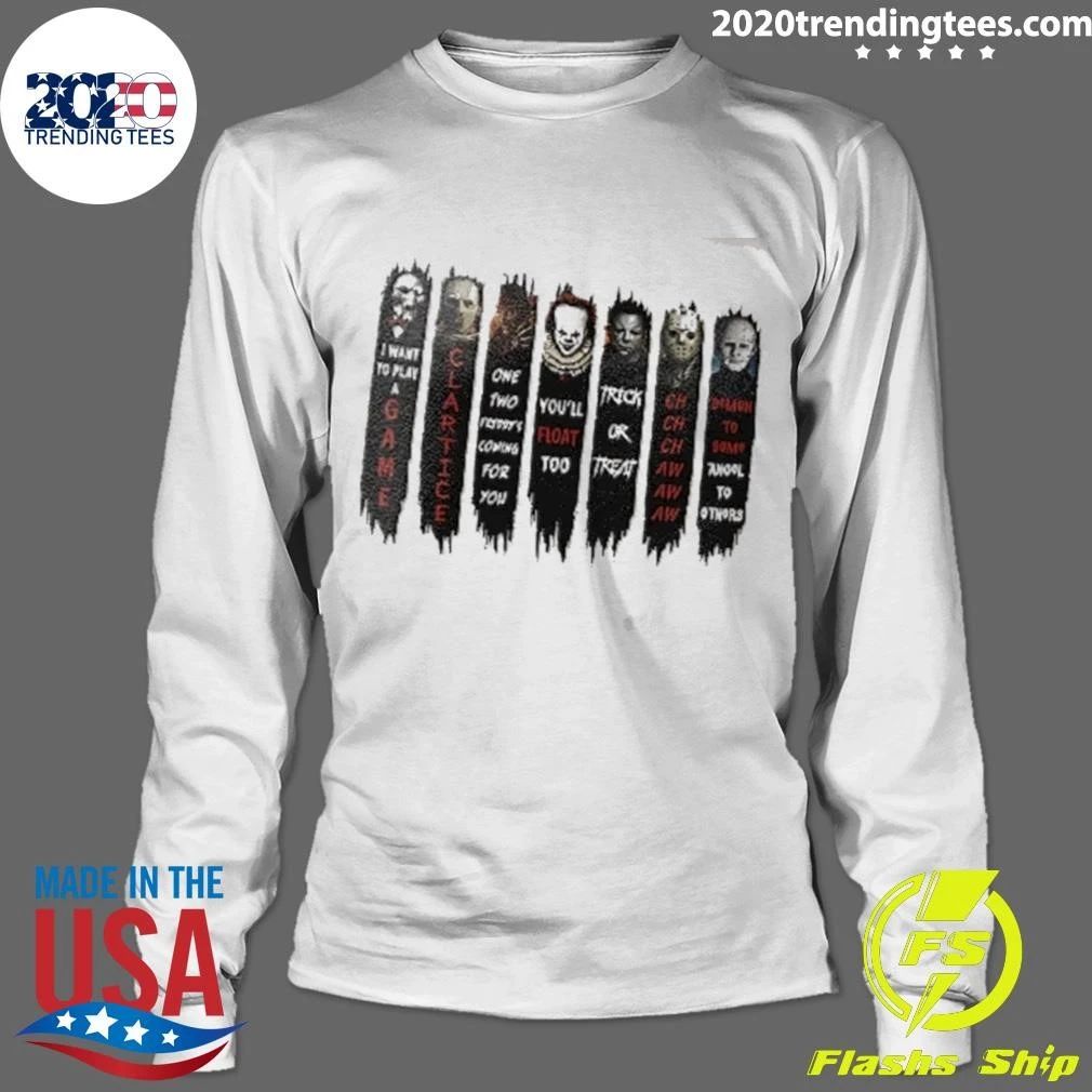 I Want To Play A Game Clarice You’ll Float Too Trick Or Treat Seven Horror Movie Villains Banners Shirt