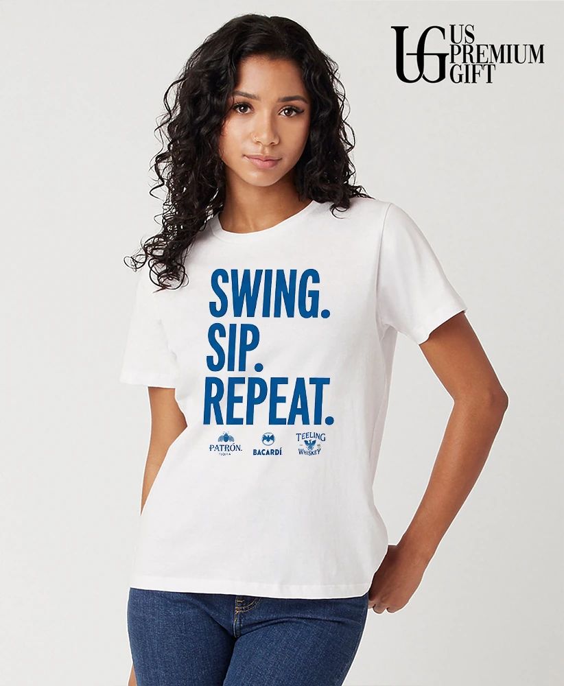 Swing Sip Repeat Patrón Tequila Bacardi and Teeling Whiskey logo shirt