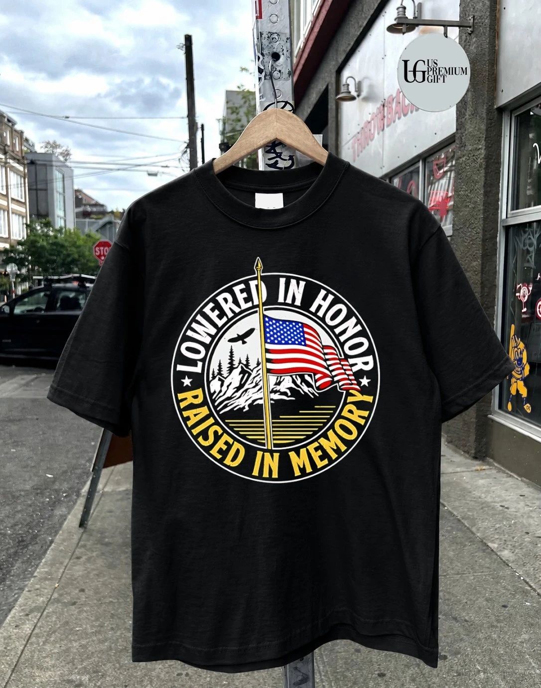 Lowered in Honor Raised in Memory American Flag Mountain shirt
