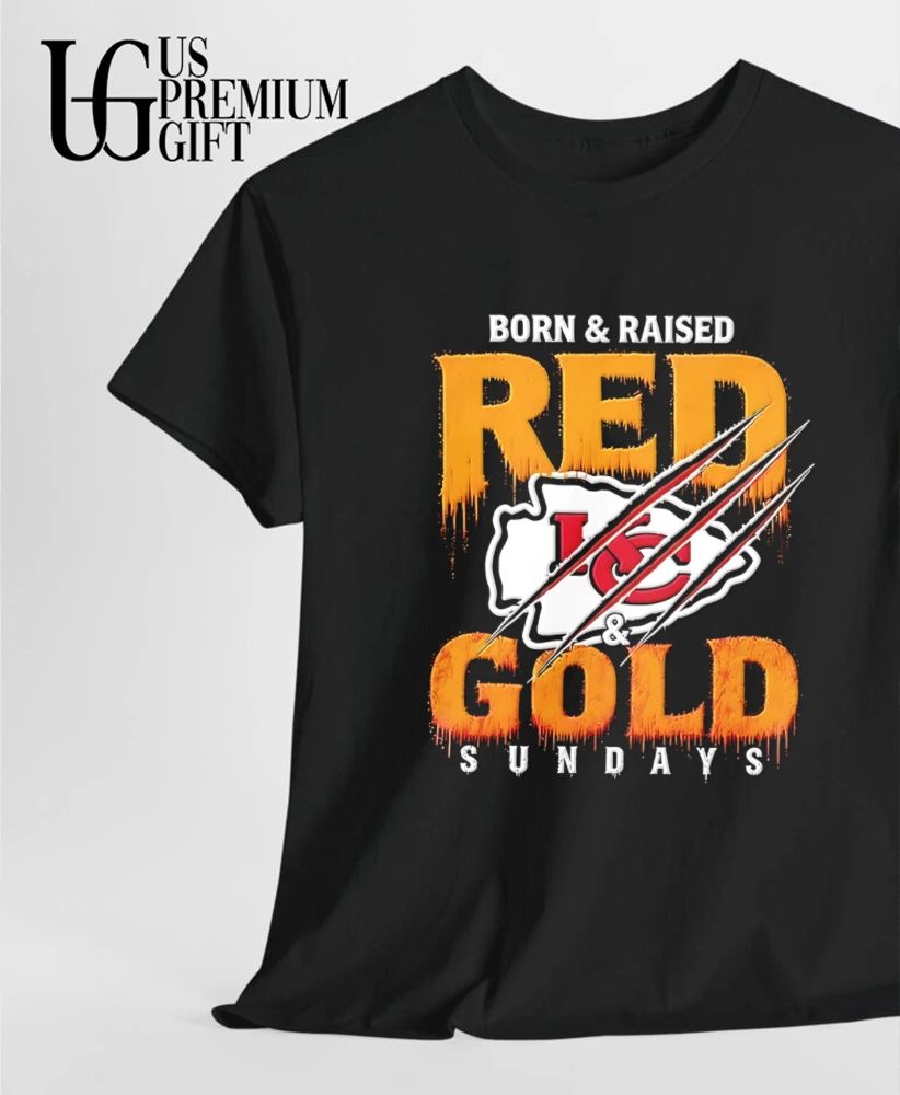 Born and Raised Red and Pewter Sundays Kansas City Chiefs flag logo T-shirt