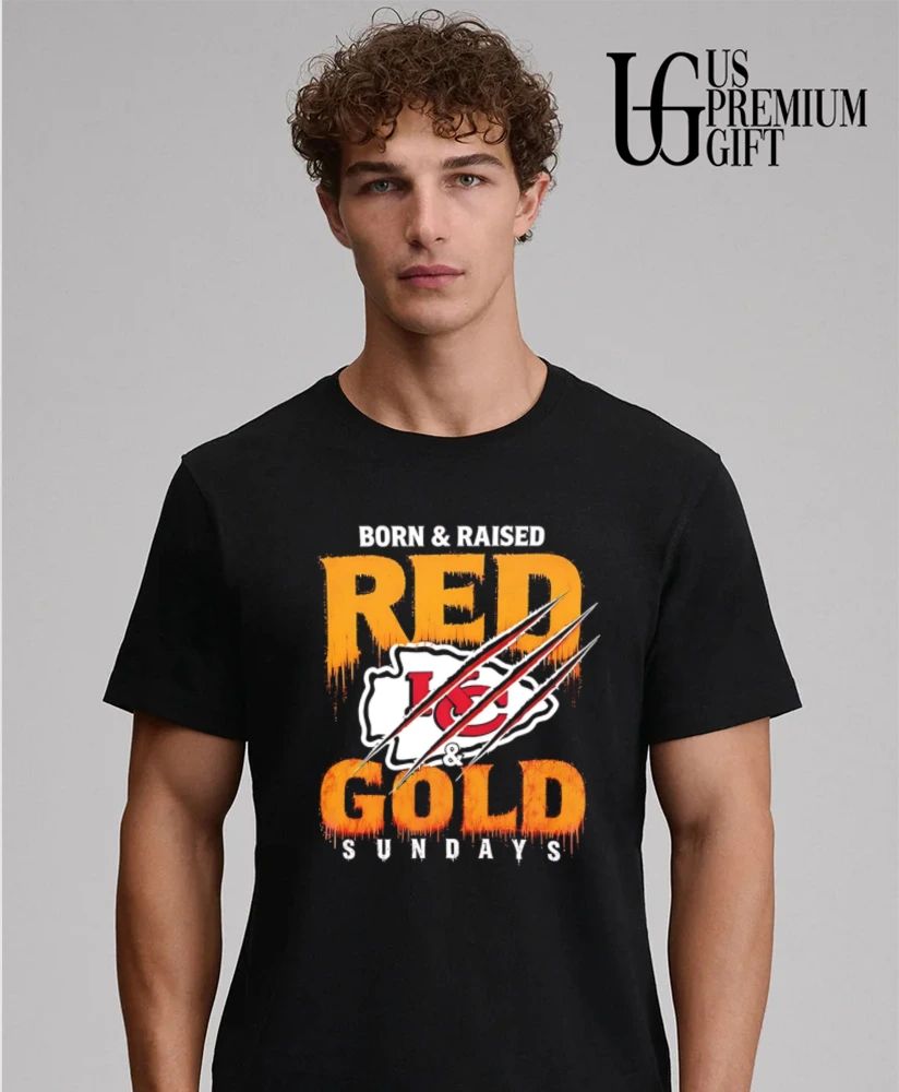 Born and Raised Red and Pewter Sundays Kansas City Chiefs flag logo T-shirt