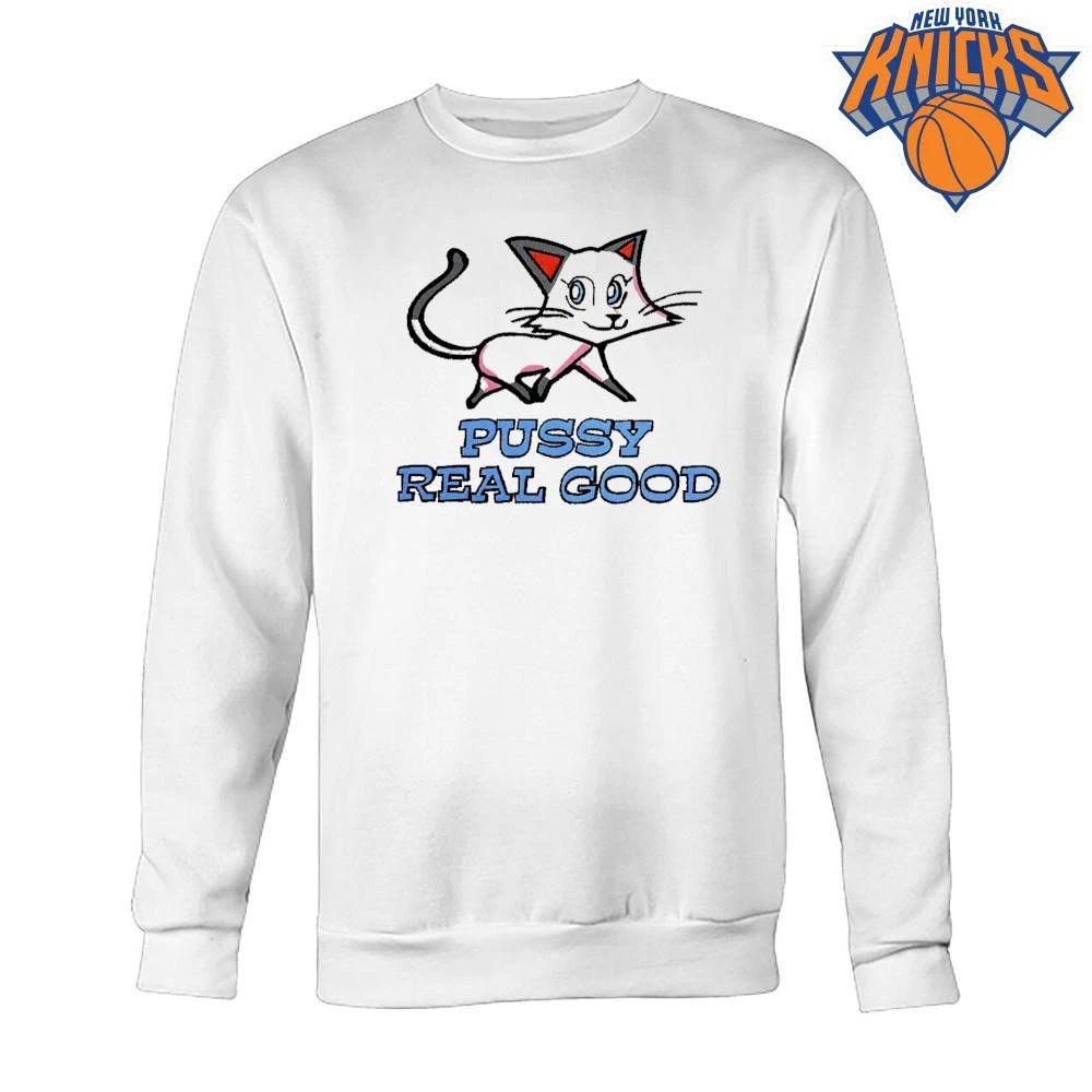 Vintage Pussy Real Good White Cat Cartoon Innuendo Graphic Novelty Humor Shirt