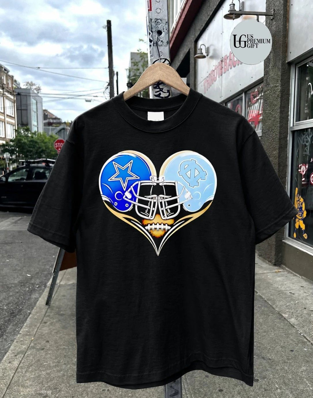 Dallas Cowboys and North Carolina Tar Heels football heart to head helmets shirt