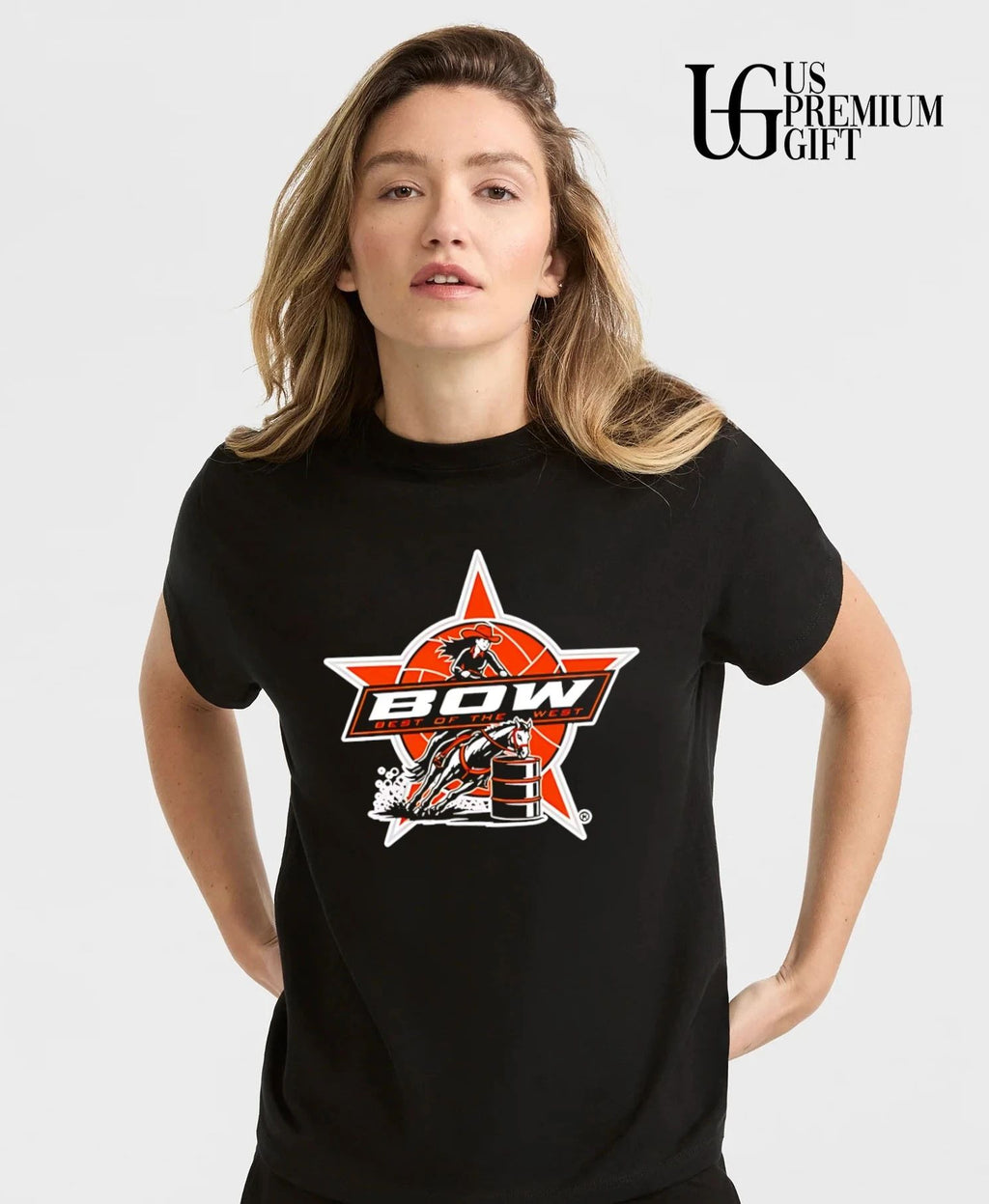 Bow Cowgirl Riding Horse Barrel Racing Rodeo Orange Star Emblem shirt