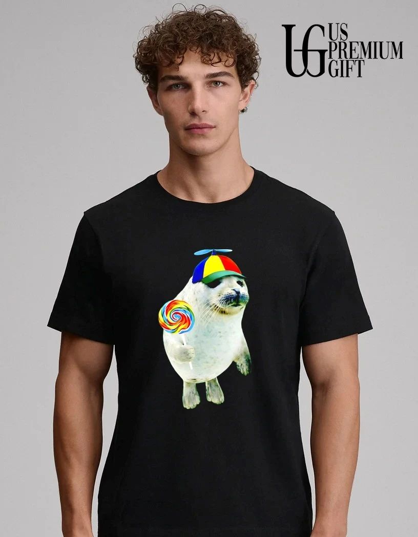Cute Baby Seal with a Rainbow Lollipop and a Propeller Beanie shirt