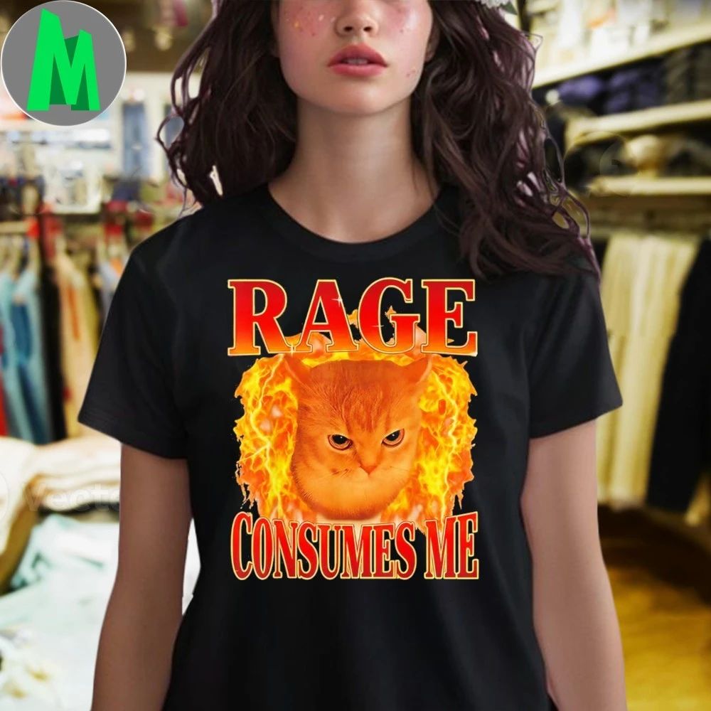Rage Consumes Me Funny Angry Cat Meme Fire 2025 T-Shirt