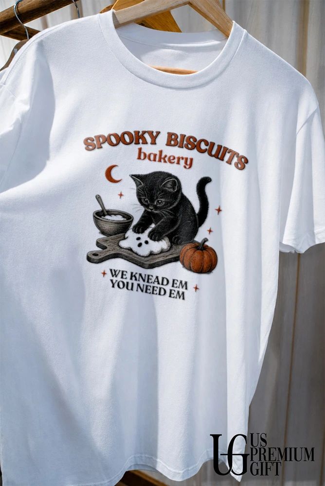 Black Cat Halloween spooky biscuits bakery we knead em you need em shirt
