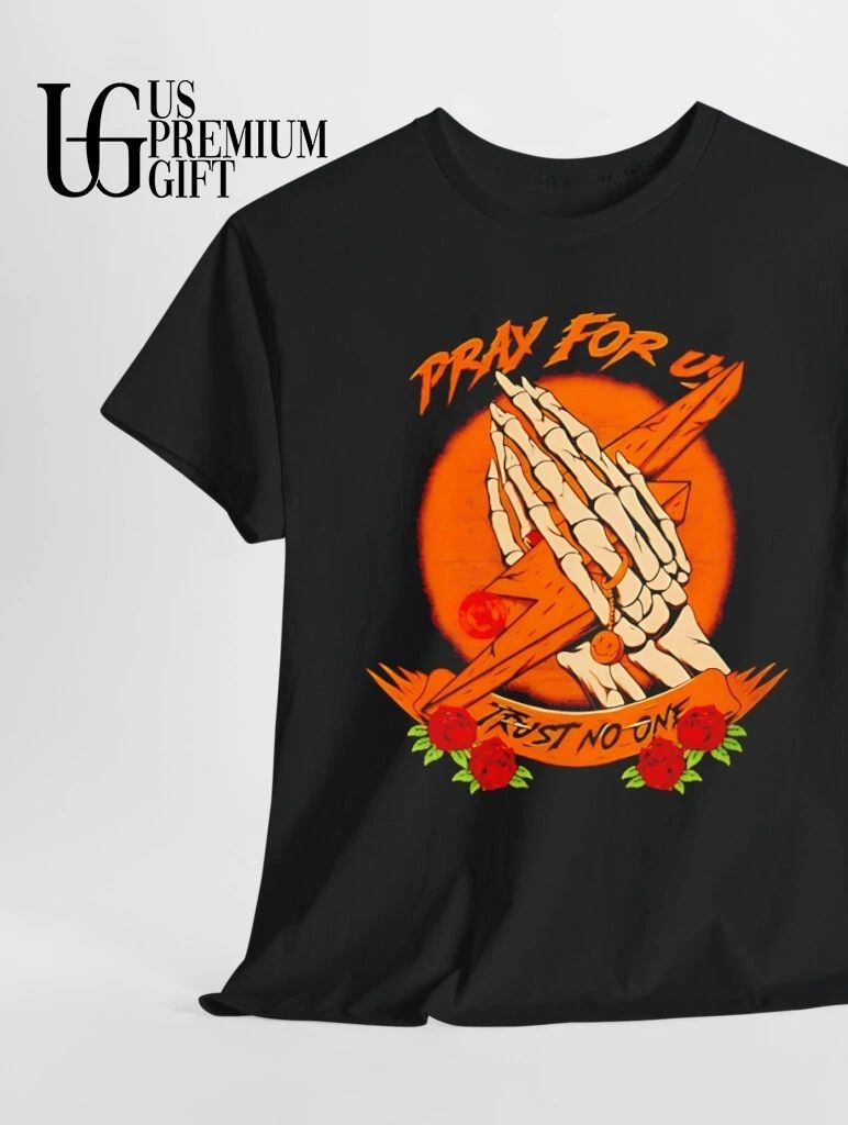 Pray for us trust no one skeleton hands lightning bolt rose shirt