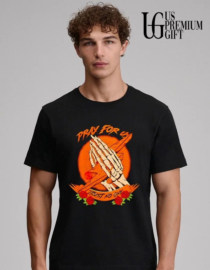 Pray for us trust no one skeleton hands lightning bolt rose shirt