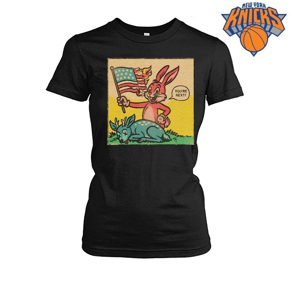 Happy 4th of July 250 Years Pink Bunny Burning American Flag You Are Next Political Comic Satire shirt