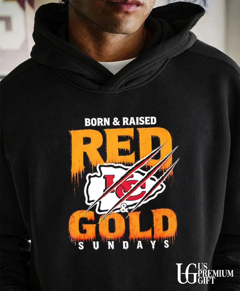 Born and Raised Red and Pewter Sundays Kansas City Chiefs flag logo T-shirt