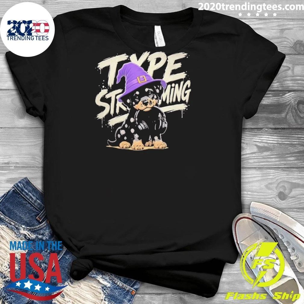Type Streaming Rottweiler Puppy Purple Wizard Hat Headphones Halloween Shirt
