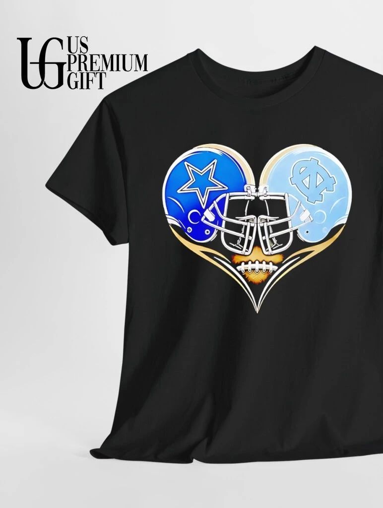 Dallas Cowboys and North Carolina Tar Heels football heart to head helmets shirt