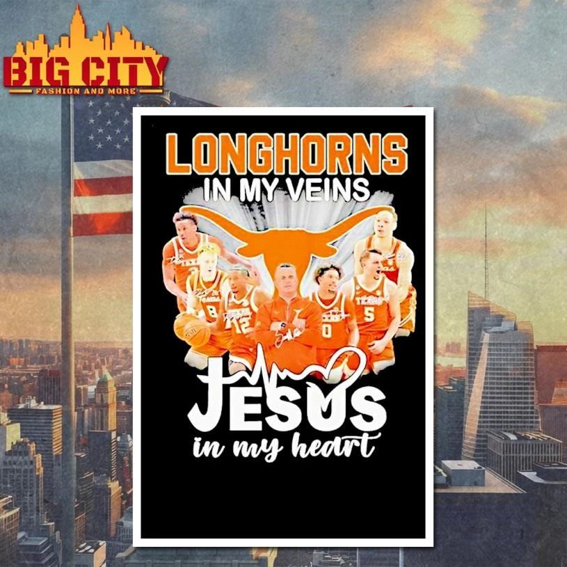 Texas Longhorns In My Veins Jesus In My Heart Coach And Players Signature Graphic Shirt