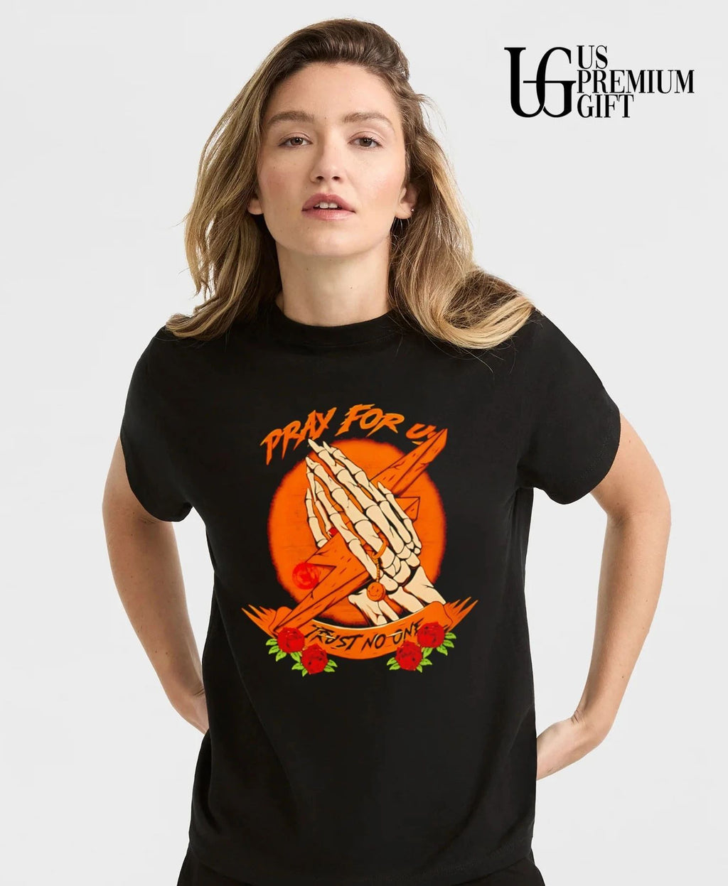 Pray for us trust no one skeleton hands lightning bolt rose shirt
