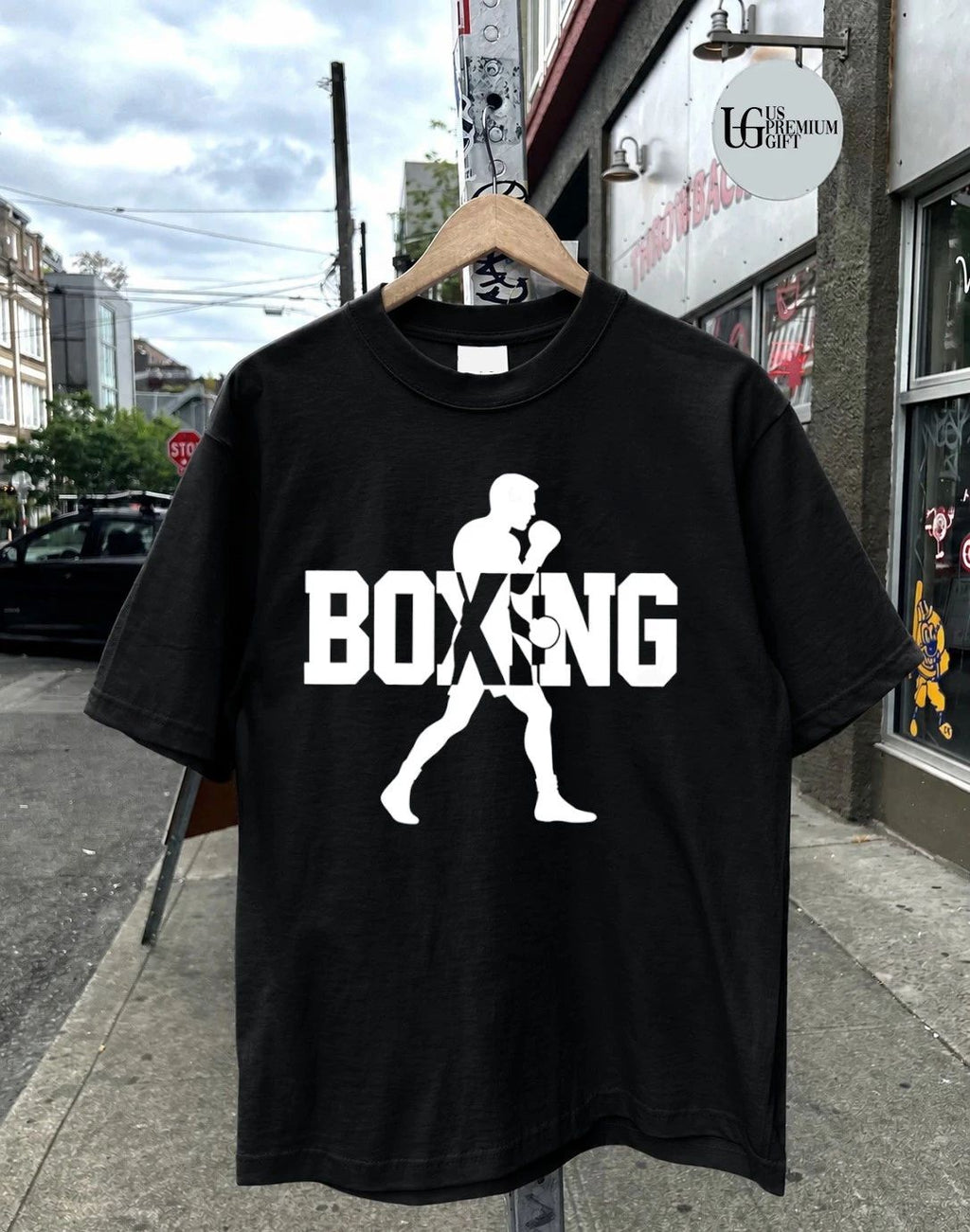 Boxing silhouette in bold typography shirt