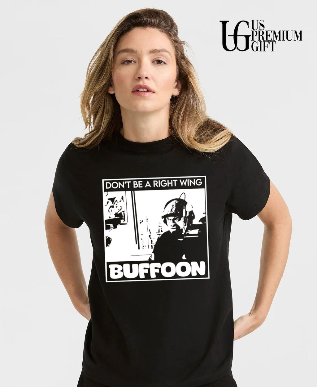 Don’t be a right wing buffoon black and white man headphones microphone frame shirt