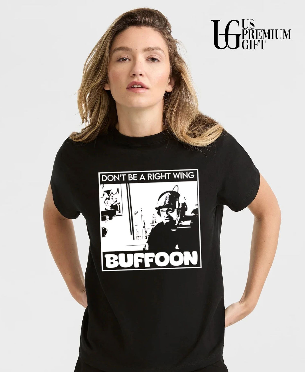 Don’t be a right wing buffoon black and white man headphones microphone frame shirt