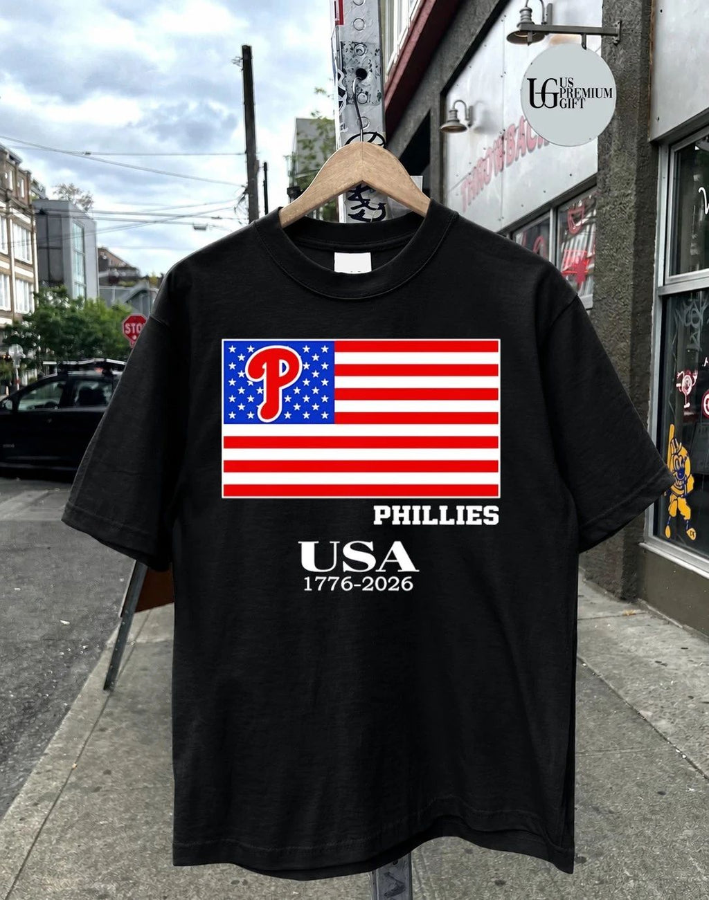 Philadelphia Phillies USA 1776-2026 American flag logo shirt