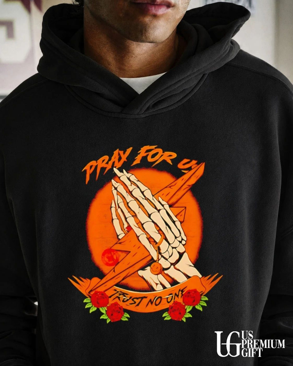 Pray for us trust no one skeleton hands lightning bolt rose shirt