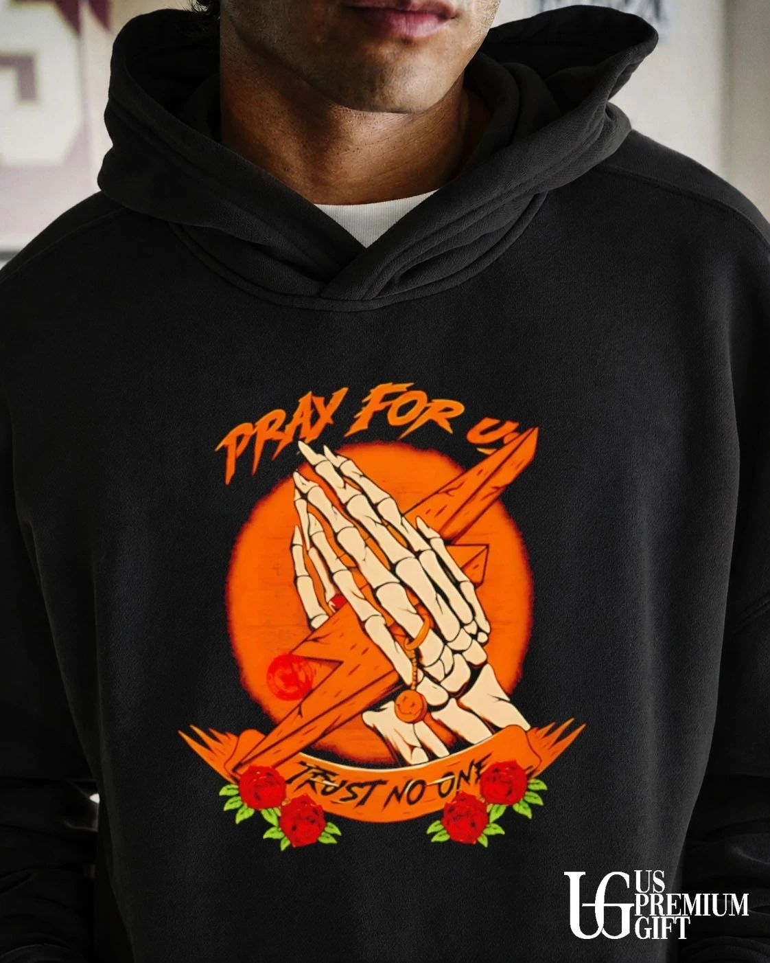 Pray for us trust no one skeleton hands lightning bolt rose shirt