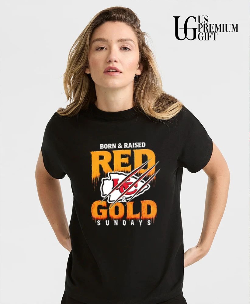 Born and Raised Red and Pewter Sundays Kansas City Chiefs flag logo T-shirt
