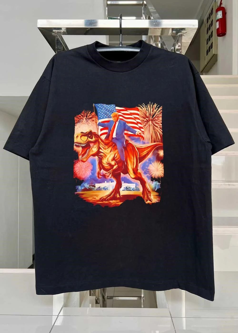 Donald Trump Riding a T-Rex American Flag Fireworks White House shirt