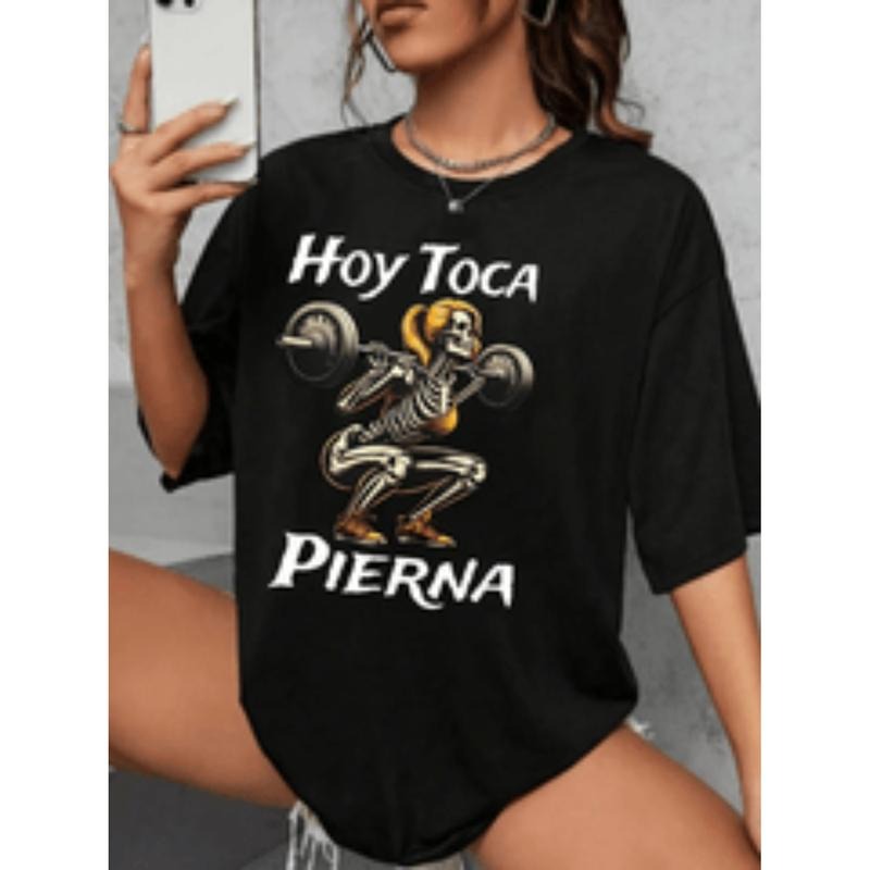 womens black cotton graphic t shirt skeleton weightlifting   pijena print loose fit round neck short sleeve breathable...